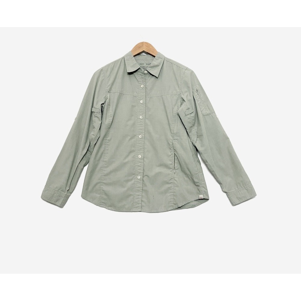 ExOfficio Womens Small Shirt Green Striped Button Fishing Hiking Roll Tab Vented